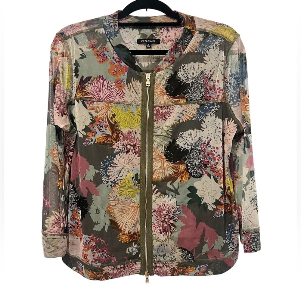 John Mark Women’s Sheer Floral Zip Up Long Sleeve Jacket (Size L)